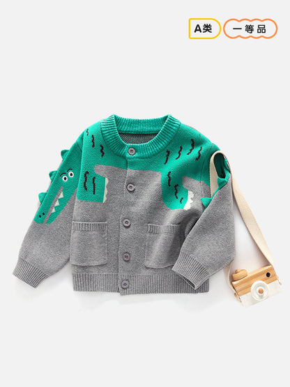 Children's sweater cardigan - Type A knitted sweater in Korean style featuring cartoon dinosaurs on the front, double-layer design, round neck.