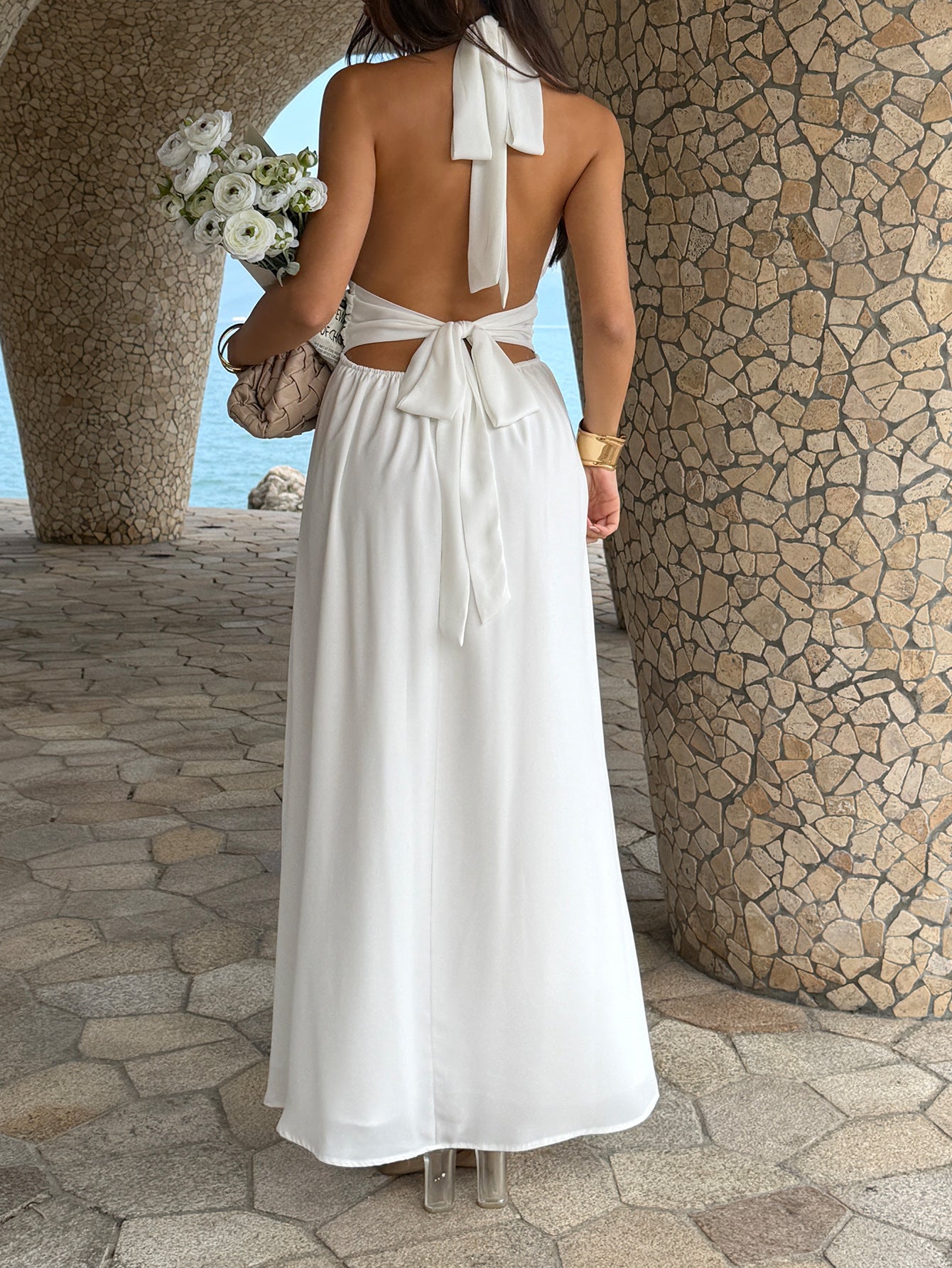 Women's Spring/Summer European Elegant Retro Style High-Waisted Deep V-neck Sleeveless Dress