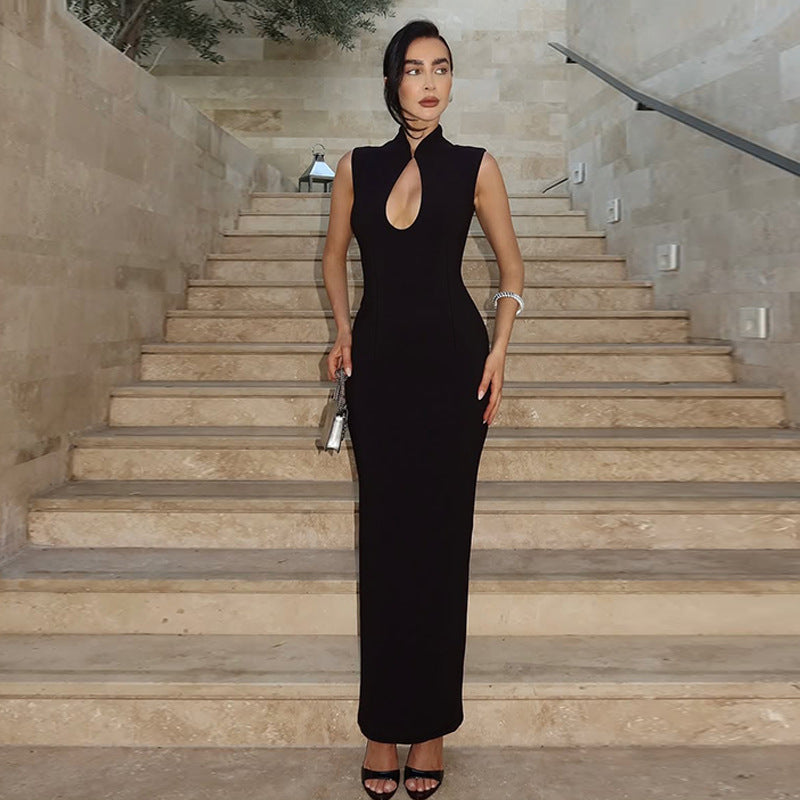 Front-cut open-knit dress with winter fashion back-slit design