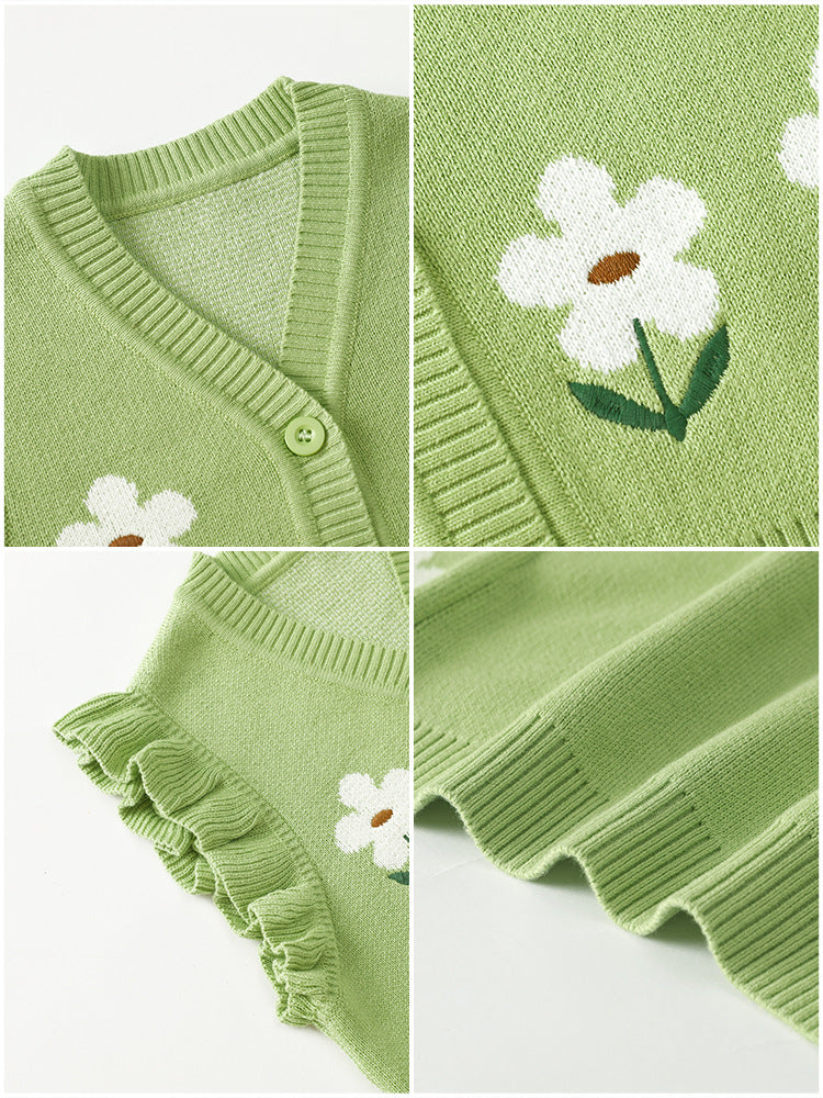 Girls' V-neck blazer made of A-grade cotton, with cartoonish knitted top, suitable for spring and autumn, a warm sweater for girls, girls' coat