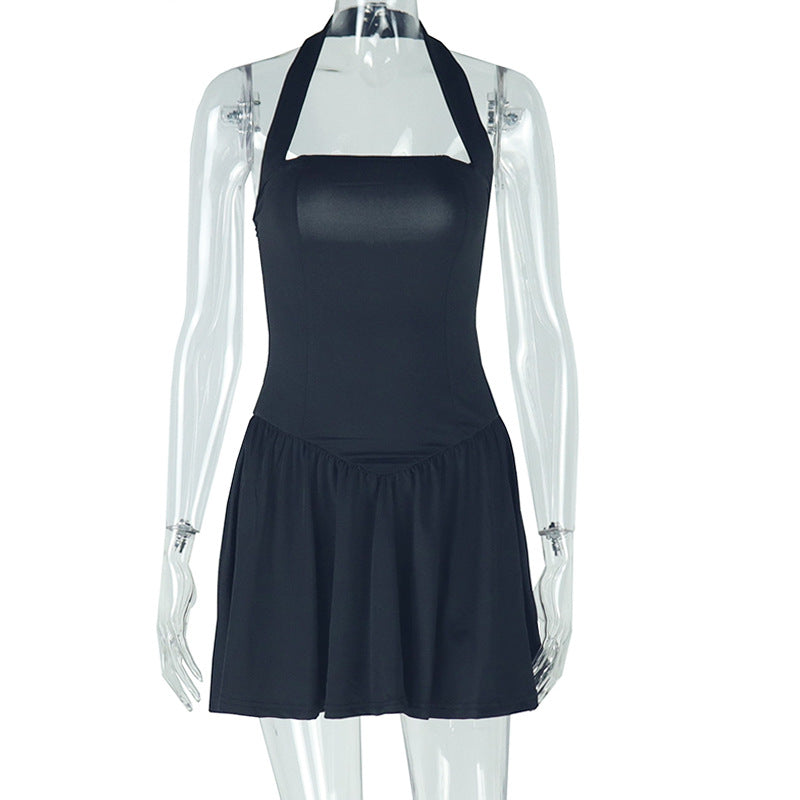 Women's trendy fashion solid-color dress with sexy straps, V-neck, sleeveless, backless A-line skirt