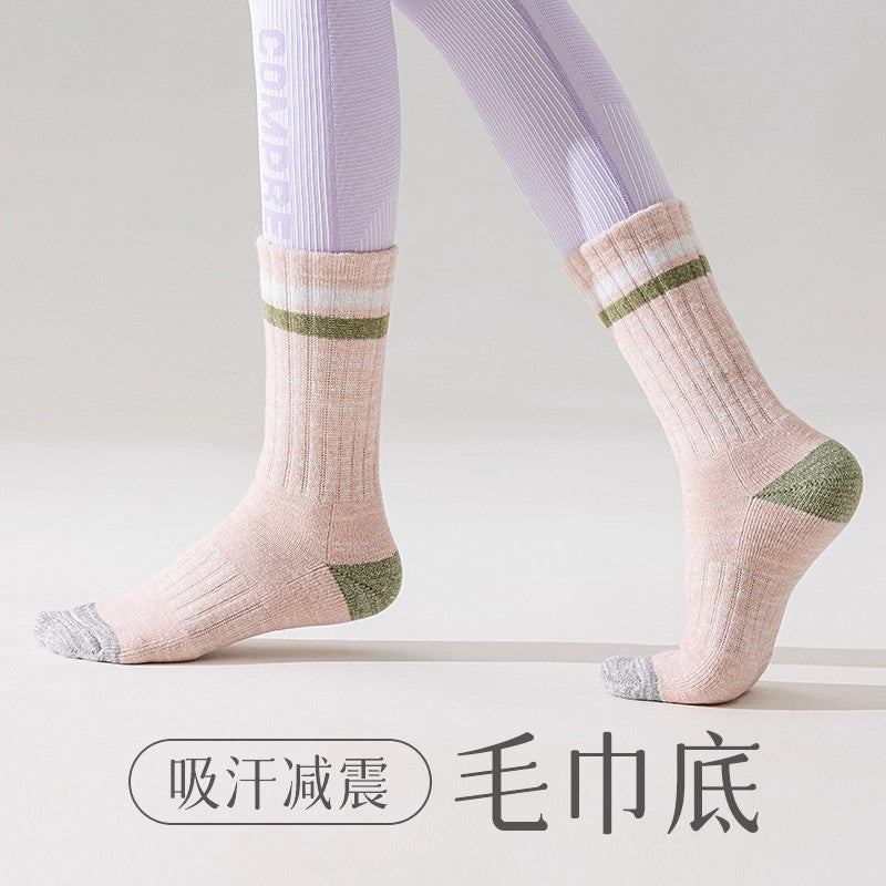 Winter and autumn heat-retaining wool warm double-bar mid-length women's socks, thick and lightweight sports towel bottom socks, children's and teenagers' versions