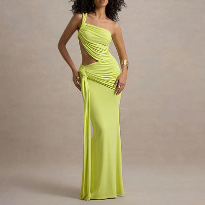 Summer sexy single-shoulder backless plunging strapless dress in fashionable solid color with pleated and gathered long skirt