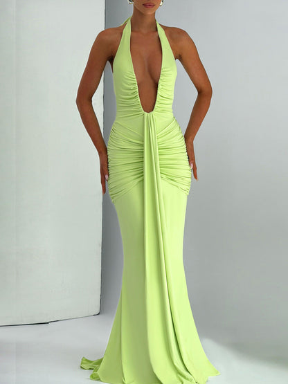 Sexy cut-out V-neck backless fitted pleated spliced strap-neckline dress for women