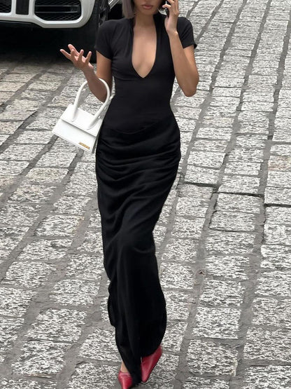 Women's sexy deep-V short-sleeved solid-color flapper-style pleated long dress