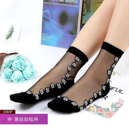 Glass fiber stockings - Children's rose flower sweet anti-slip cotton bottom stockings - Transparent mid-calf women's low-top trendy cotton stockings