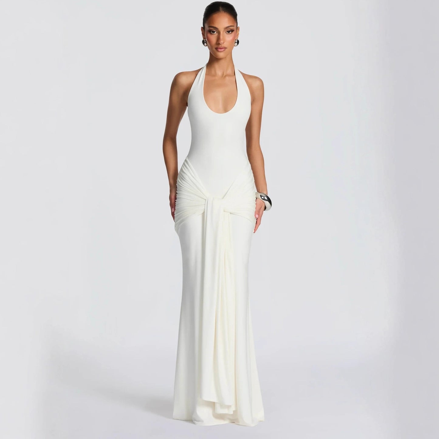 Women's pleated ribbon-spliced halter top long dress with fitted bust and draped neckline formal gown