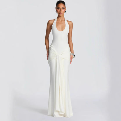 Women's pleated ribbon-spliced halter top long dress with fitted bust and draped neckline formal gown