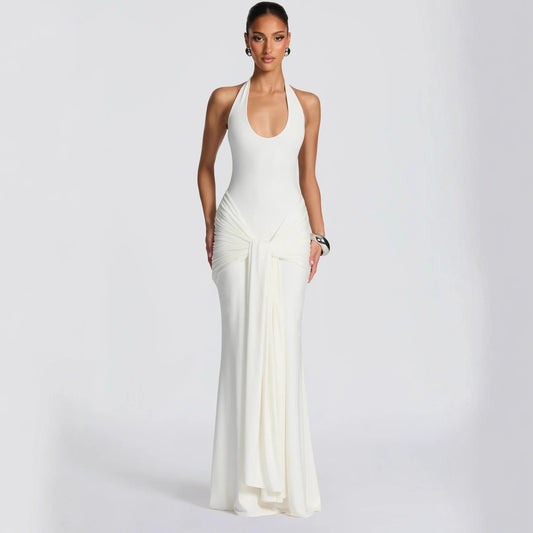 Women's pleated ribbon-spliced halter top long dress with fitted bust and draped neckline formal gown