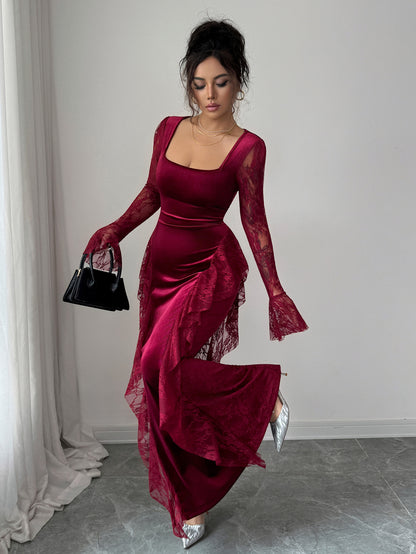 Elegant lace-edged round-neck long dress, women's winter and autumn wear
