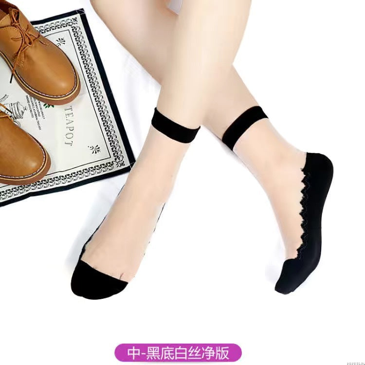 Glass fiber stockings - Children's rose flower sweet anti-slip cotton bottom stockings - Transparent mid-calf women's low-top trendy cotton stockings