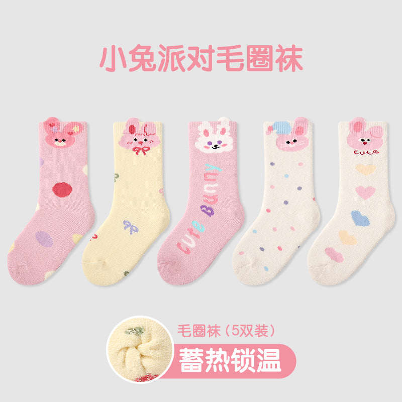 儿童袜子24秋冬批发可爱猫咪波点女童袜子保暖棉质儿童加厚毛圈袜