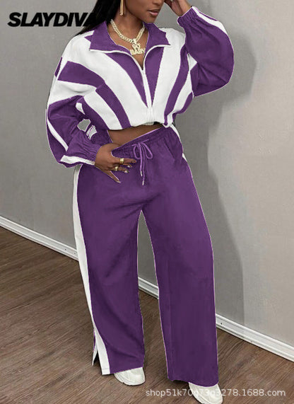 Black and white color-blocked top and wide-leg pants two-piece casual sportswear set, stylish and relaxed.