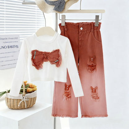 Girls' Summer Set - Two-Piece Set of Sleeveless Hole-Punched Denim Pants for Ages 4-12 - Summer Dress for Girls