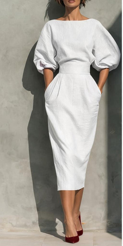 Spring/Summer style elegant boat-neck A-line skirt with puff sleeves top paired with high-waisted pleated half-skirt perfectly showcases retro style.