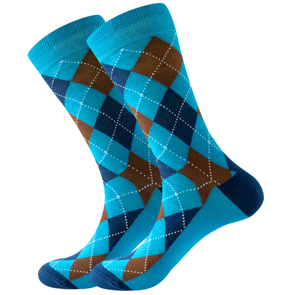 The same style striped men's and women's socks, trendy and colorful, for street wear, featuring a bold and unique design in mid-calf length.