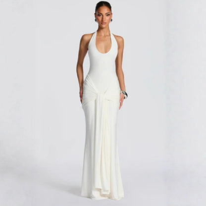 Women's pleated ribbon-spliced halter top long dress with fitted bust and draped neckline formal gown