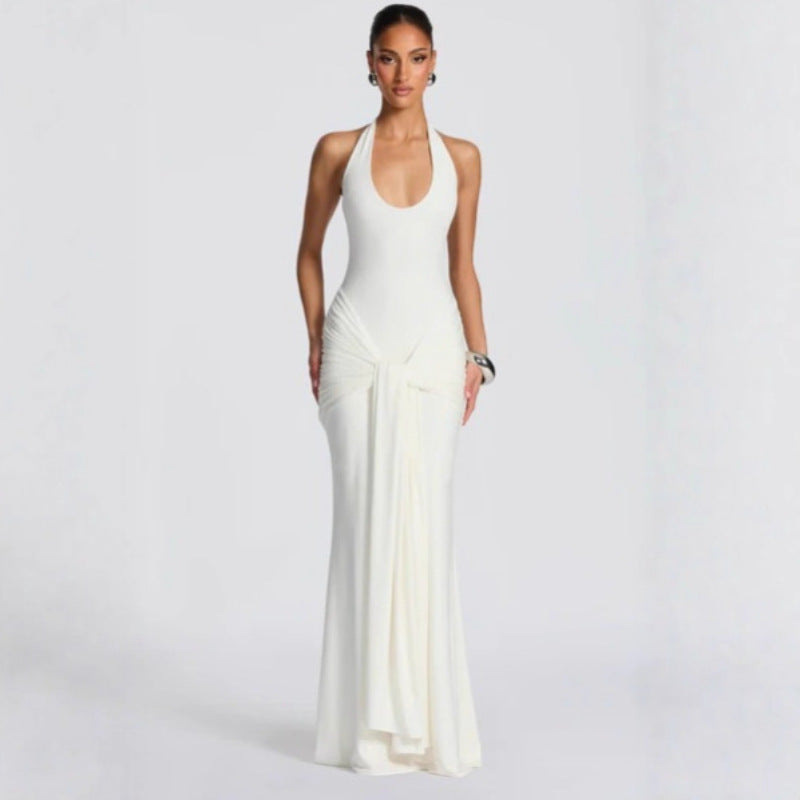 Women's pleated ribbon-spliced halter top long dress with fitted bust and draped neckline formal gown
