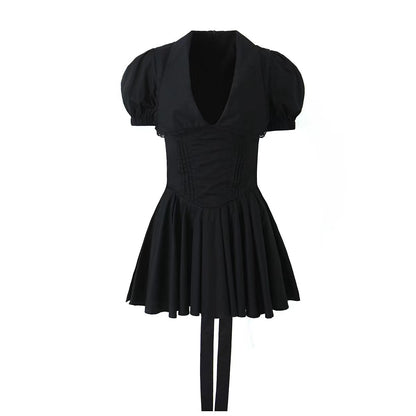 Sexy V-neck, puff sleeves, lace trim, bow, waistline, slimming effect - women's dress.