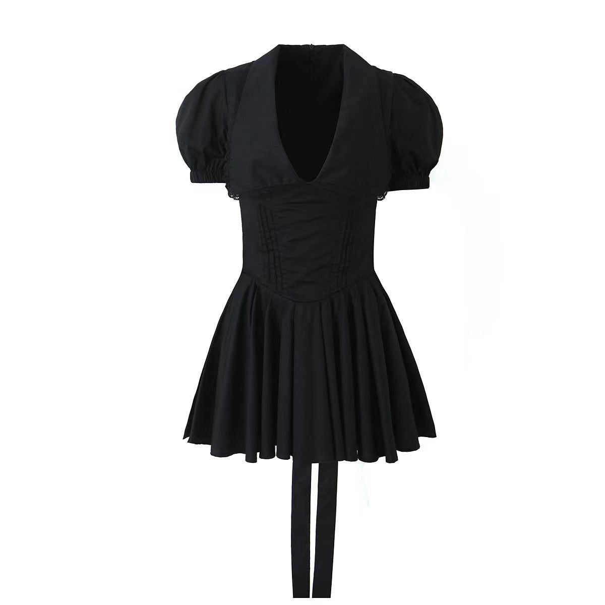 Sexy V-neck, puff sleeves, lace trim, bow, waistline, slimming effect - women's dress.