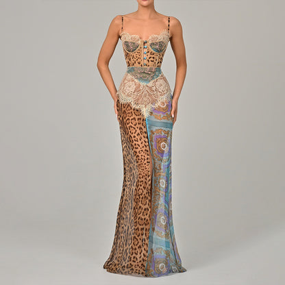 Summer sexy women's halter top long dress, European hot girl dress with slit and plunging neckline, chiffon dress