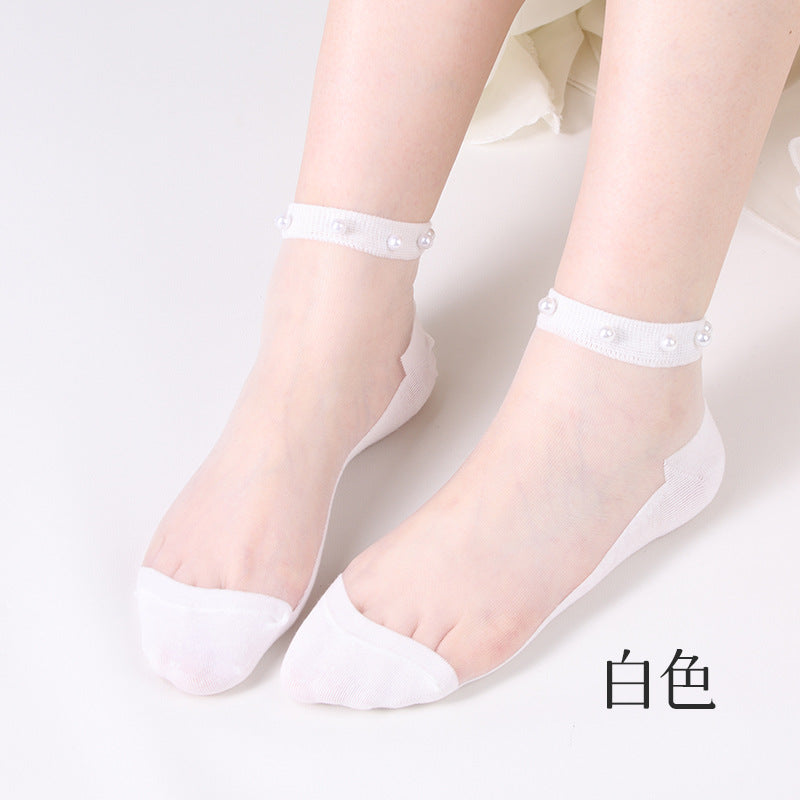 Pearl stockings - children's short socks. Light-mouthed lace summer lightweight netting transparent glass thread crystal socks.