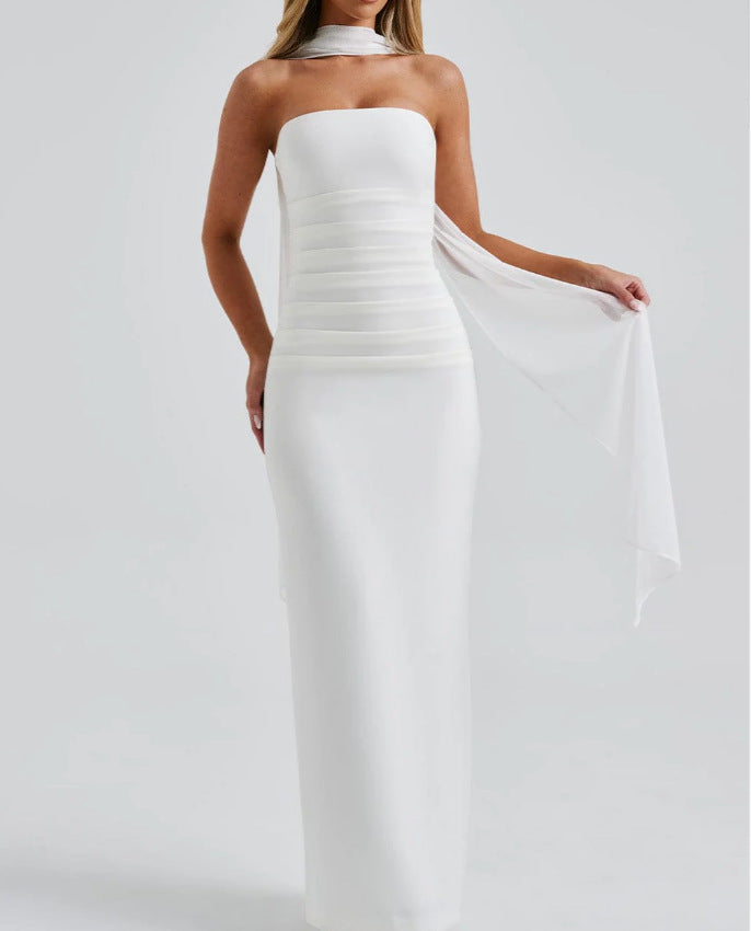 Winter and autumn silk scarf strapless figure-hugging form-fitting women's long dress with a back slit and full skirt