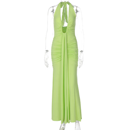 Sexy cut-out V-neck backless fitted pleated spliced strap-neckline dress for women