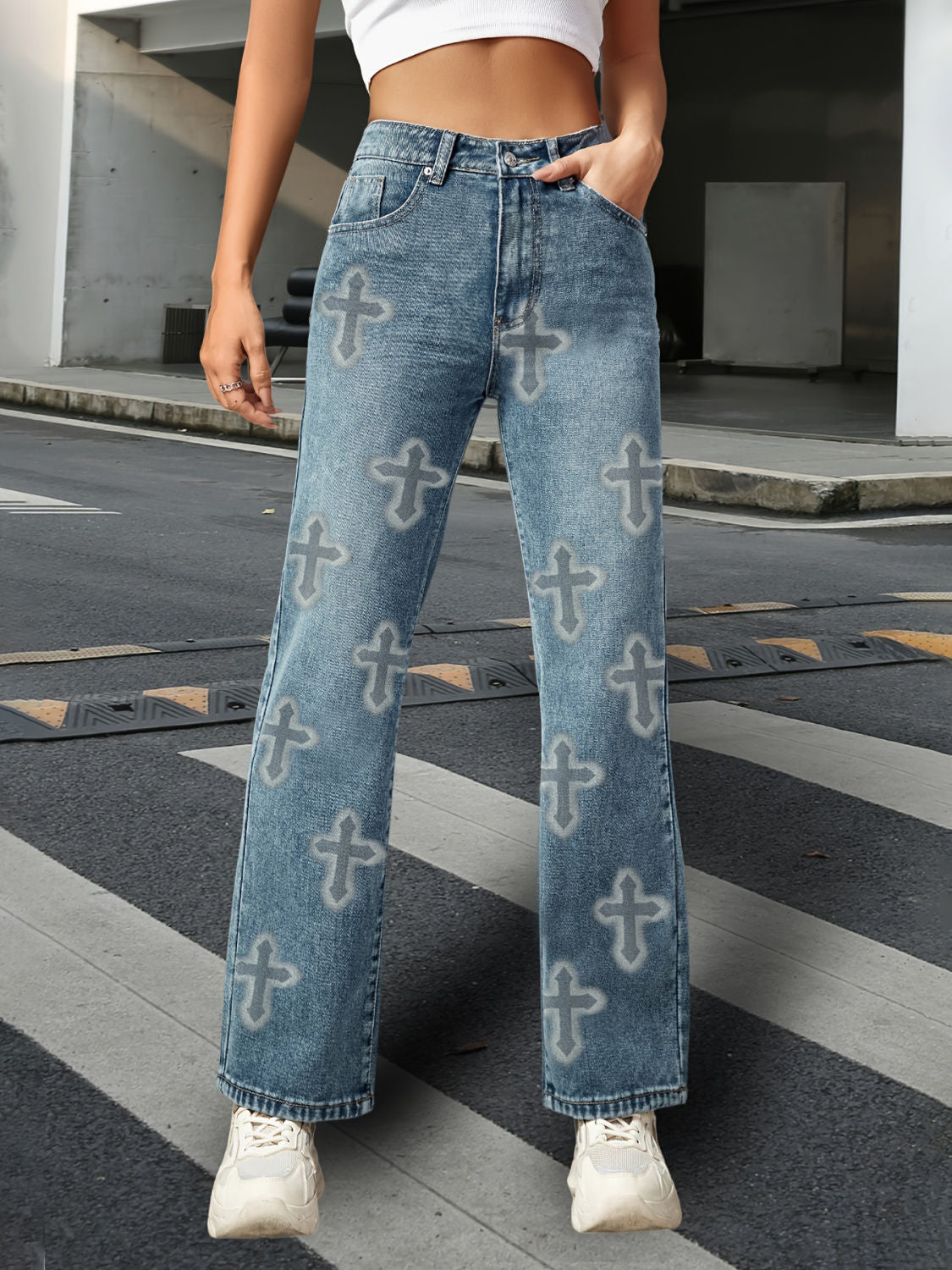 High-waisted stretch denim shorts