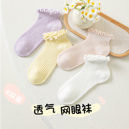 女童袜子春夏薄款木耳边网眼中筒袜小女孩透气纯色花边袜夏天童袜