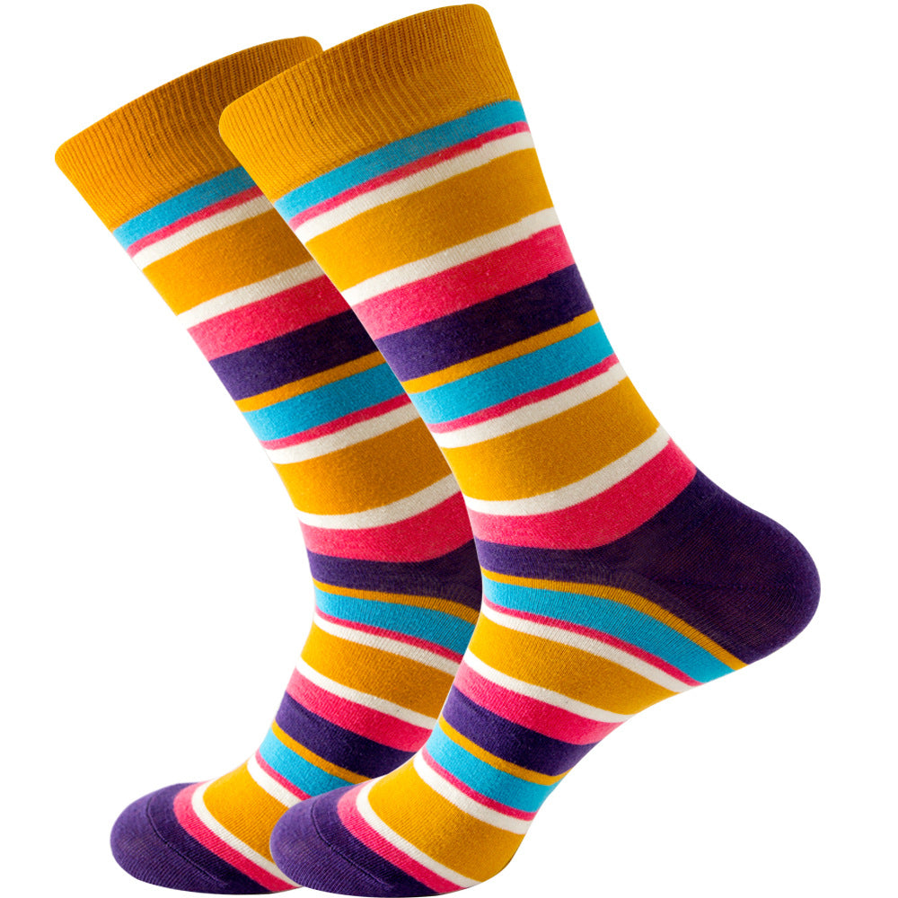 The same style striped men's and women's socks, trendy and colorful, for street wear, featuring a bold and unique design in mid-calf length.