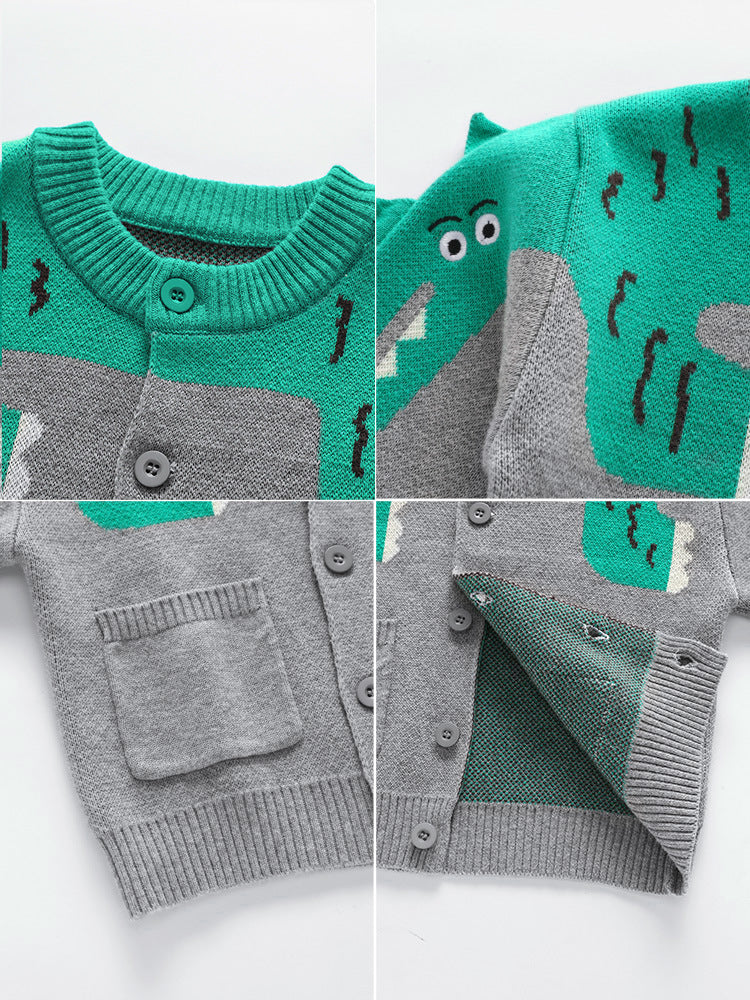 Children's sweater cardigan - Type A knitted sweater in Korean style featuring cartoon dinosaurs on the front, double-layer design, round neck.