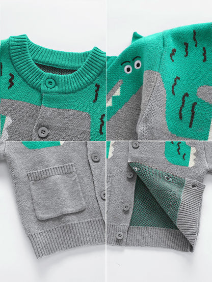 Children's sweater cardigan - Type A knitted sweater in Korean style featuring cartoon dinosaurs on the front, double-layer design, round neck.