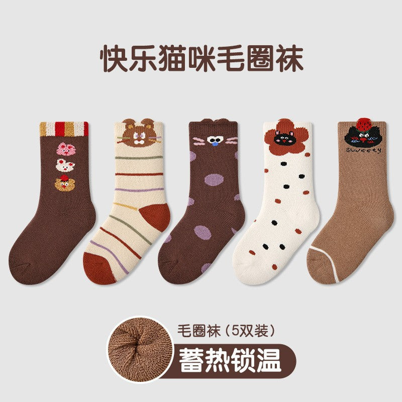 P004加厚儿童袜子秋冬季新款可爱动物图案毛圈袜棉袜保暖女童袜子