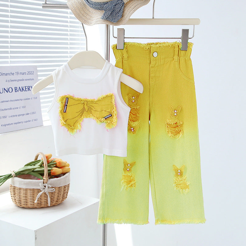 Girls' Summer Set - Two-Piece Set of Sleeveless Hole-Punched Denim Pants for Ages 4-12 - Summer Dress for Girls
