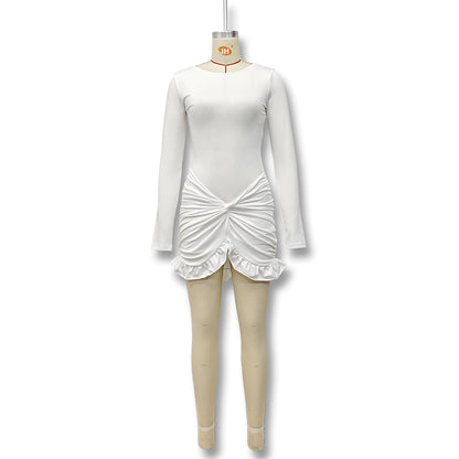 New autumn women's clothing - fashionable round-neck long-sleeved fitted pleated and knotted short-sleeved halter top dress