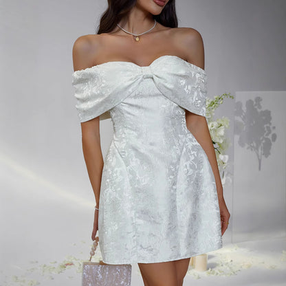 Party evening dress with a bow-shaped ruffled top and a full skirt, suitable for spring and summer seasons.