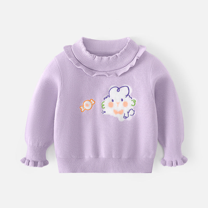 Cute little rabbit sweater for girls with cartoon-style embroidery and fringed edges. Round-neck pullover. New style. Stylish children's base layer sweater.