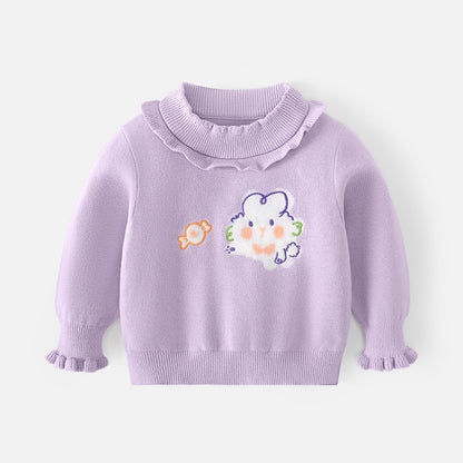 Cute little rabbit sweater for girls with cartoon-style embroidery and fringed edges. Round-neck pullover. New style. Stylish children's base layer sweater.