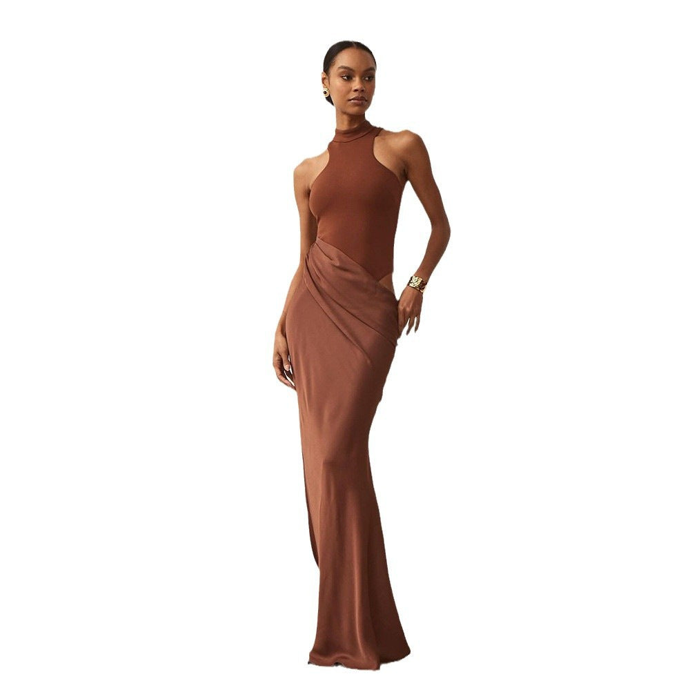 Women's round-neck sleeveless fitted patchwork long dress with fashionable openwork design