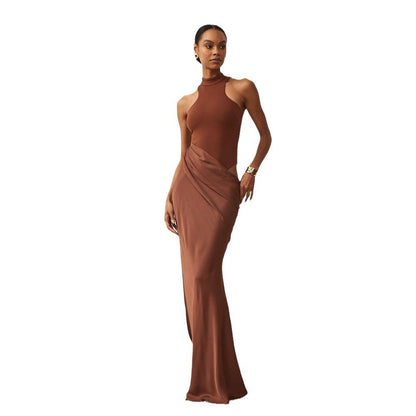 Women's round-neck sleeveless fitted patchwork long dress with fashionable openwork design