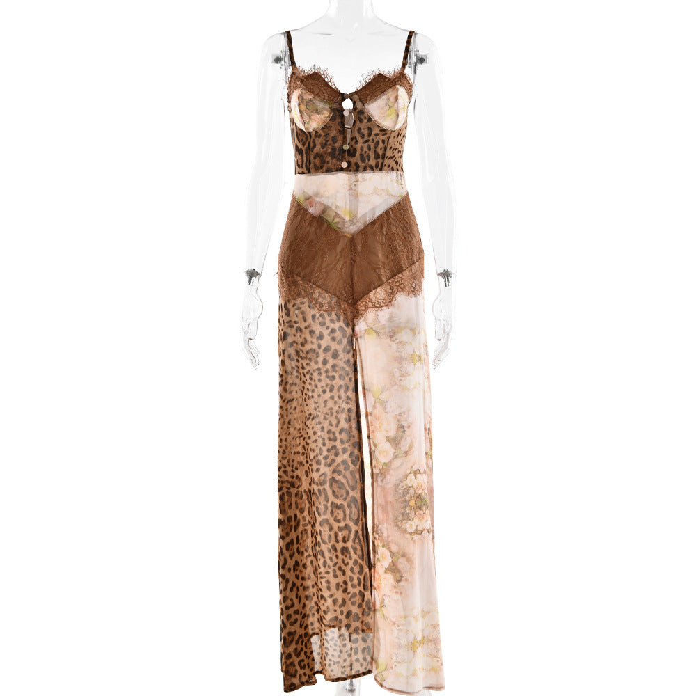 Summer sexy women's halter top long dress, European hot girl dress with slit and plunging neckline, chiffon dress