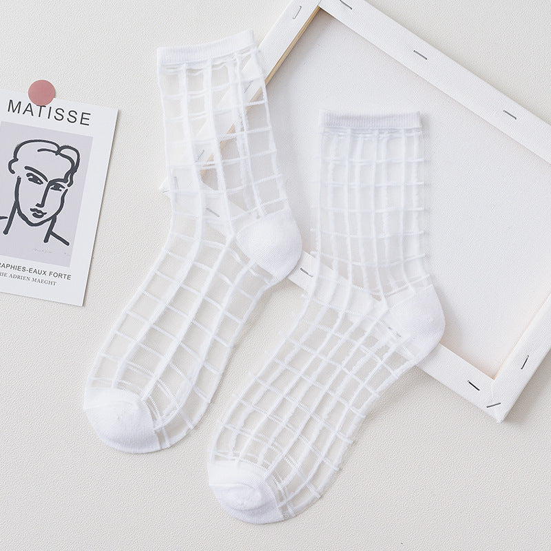 Summer Glass Socks Women's Breathable Mid-Calf Stockings Japanese Style Silk Crystal Stockings Summer Lightweight