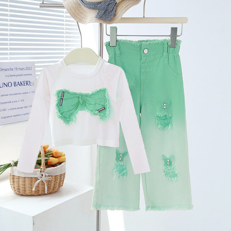 Girls' Summer Set - Two-Piece Set of Sleeveless Hole-Punched Denim Pants for Ages 4-12 - Summer Dress for Girls