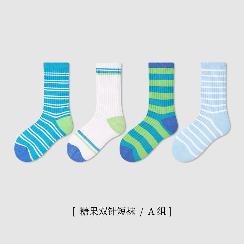ZYZ儿童袜子2024新款双针休闲条纹中筒袜卡通刺绣男女童袜子批发