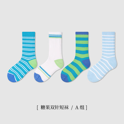ZYZ儿童袜子2024新款双针休闲条纹中筒袜卡通刺绣男女童袜子批发