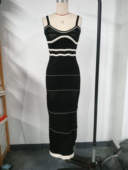 Women's halter top dress with a fitted and hourglass shape, showing off a slim figure. A mid-length, slit, fishtail-style dress. A feminine, bold look for women.