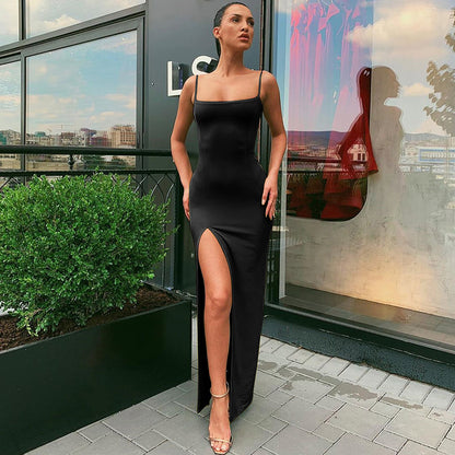 Summer women's dress with halter-neck, V-neckline, fitted design, backless, sexy, and slit opening.