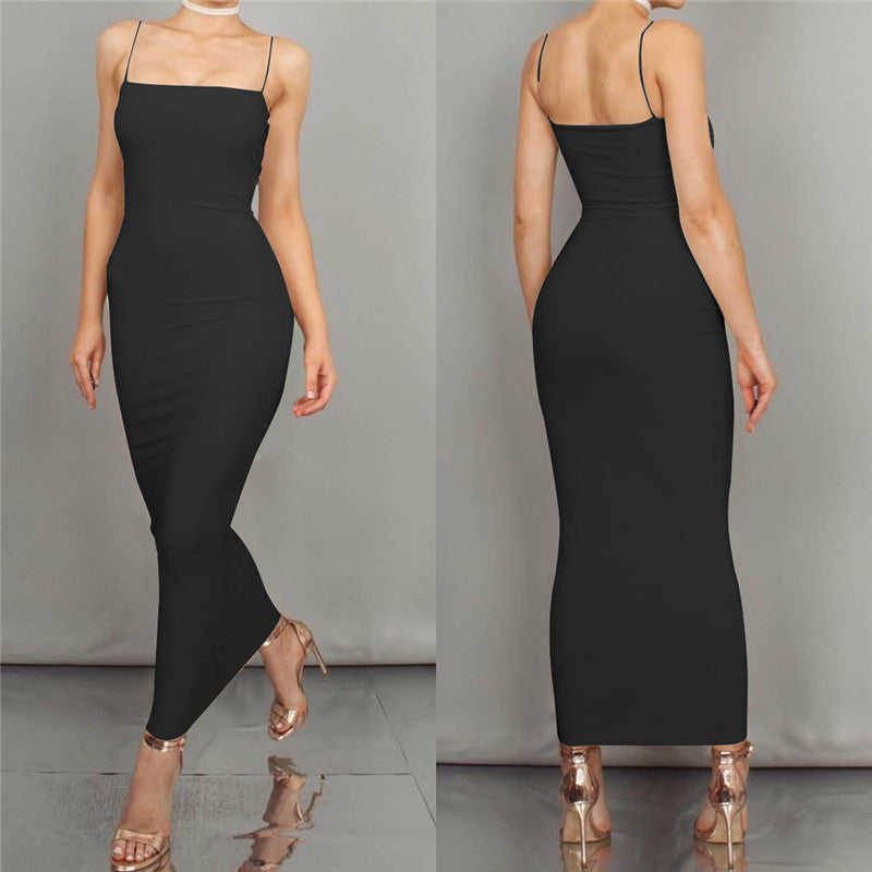 Women's sexy spaghetti strap long dress with backless design and slim fit, perfect for summer.