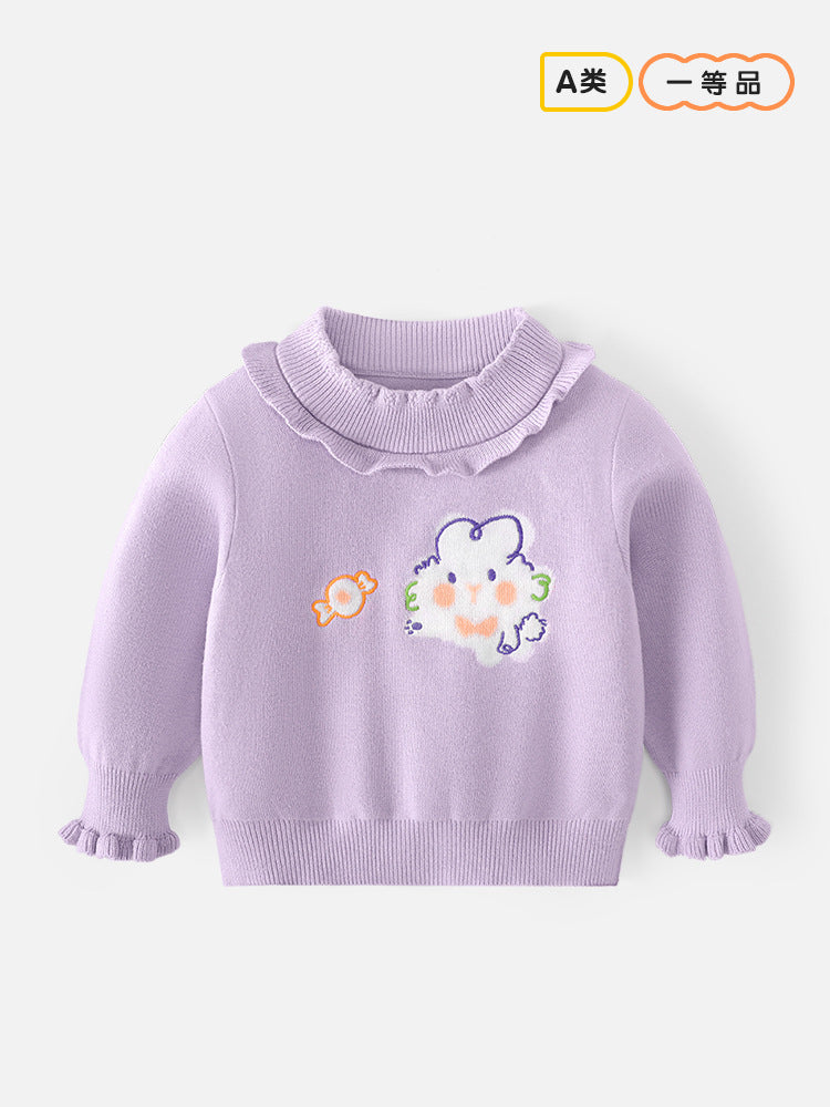 Cute little rabbit sweater for girls with cartoon-style embroidery and fringed edges. Round-neck pullover. New style. Stylish children's base layer sweater.